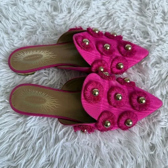 Aquazurra Pink Satin Sunflower Studded Embellished Mules Size 36