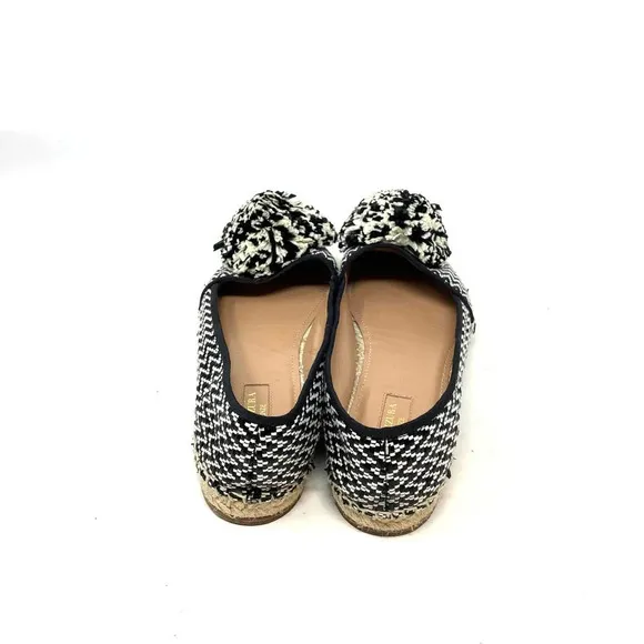 Aquazzura Pom Raffia Espadrille Flats Herringbone Black White Size 39 US 9