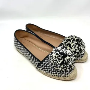 Aquazzura Pom Raffia Espadrille Flats Herringbone Black White Size 39 US 9