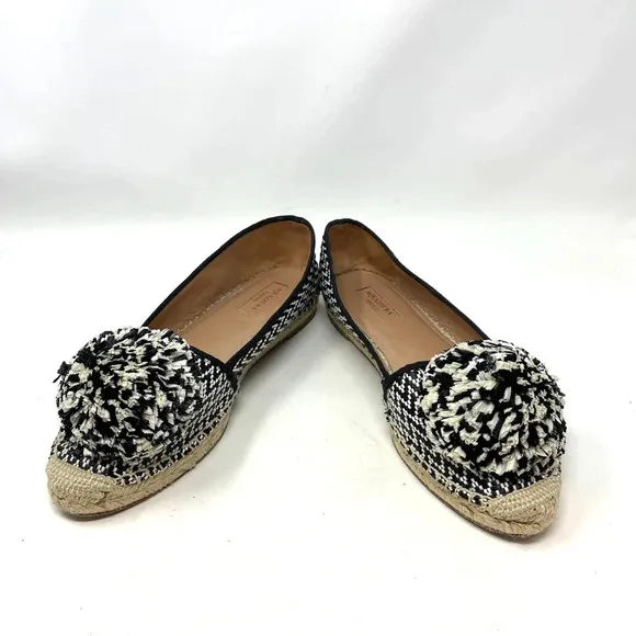 Aquazzura Pom Raffia Espadrille Flats Herringbone Black White Size 39 US 9