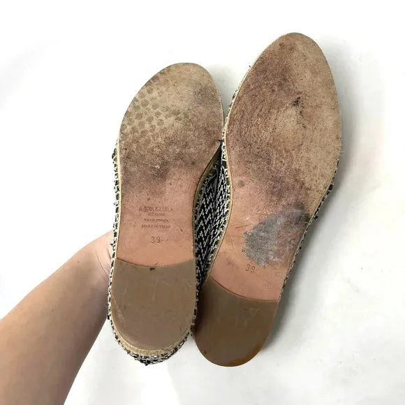 Aquazzura Pom Raffia Espadrille Flats Herringbone Black White Size 39 US 9