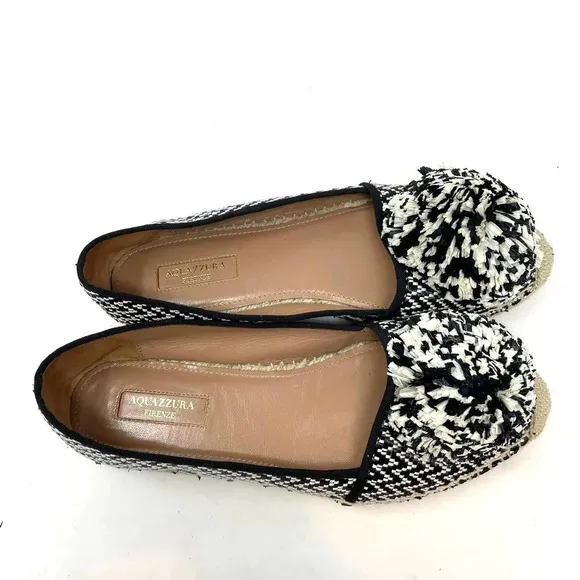 Aquazzura Pom Raffia Espadrille Flats Herringbone Black White Size 39 US 9