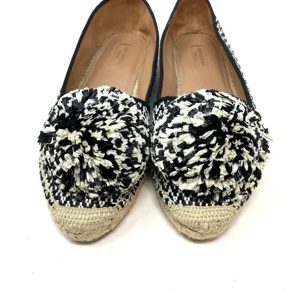 Aquazzura Pom Raffia Espadrille Flats Herringbone Black White Size 39 US 9