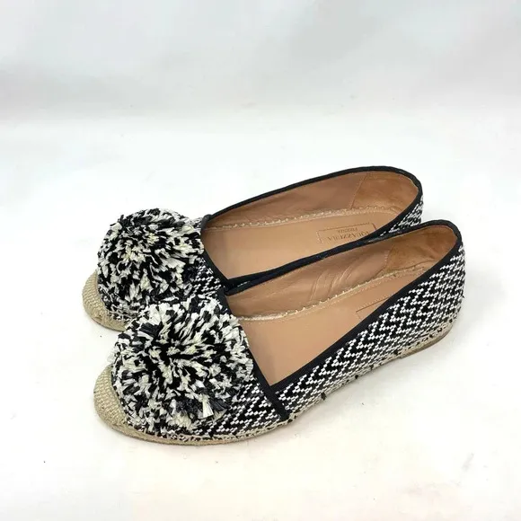 Aquazzura Pom Raffia Espadrille Flats Herringbone Black White Size 39 US 9