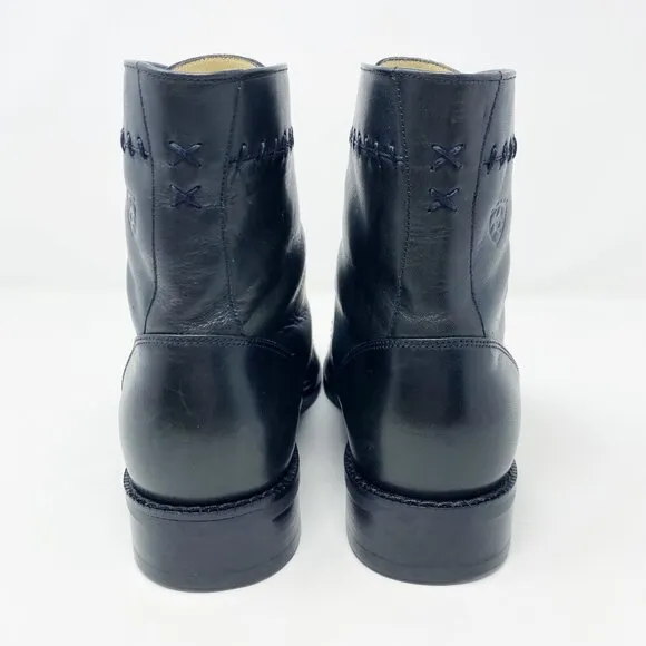 Ariat Black Leather Lace Up Boots Women's Size 8 Topstitch Detail Made In Brazil