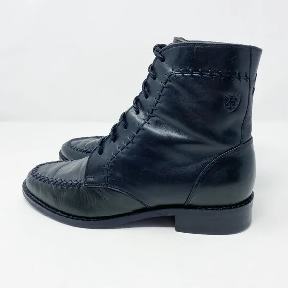 Ariat Black Leather Lace Up Boots Women's Size 8 Topstitch Detail Made In Brazil