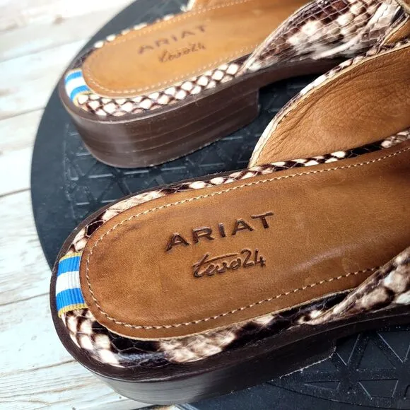 Ariat Two24 Women's Size 7B Brown Mules Slides Leather Snake Pattern Studs Shoes