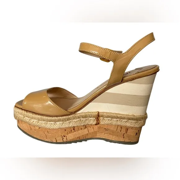 Authentic Prada Beige Patent Leather Wedge Platform Sandals Size 36.5 | US 6.5