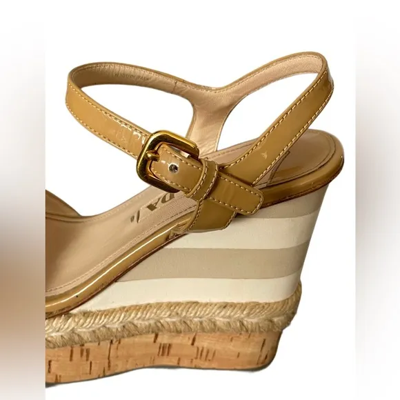 Authentic Prada Beige Patent Leather Wedge Platform Sandals Size 36.5 | US 6.5