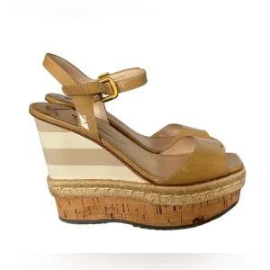 Authentic Prada Beige Patent Leather Wedge Platform Sandals Size 36.5 | US 6.5