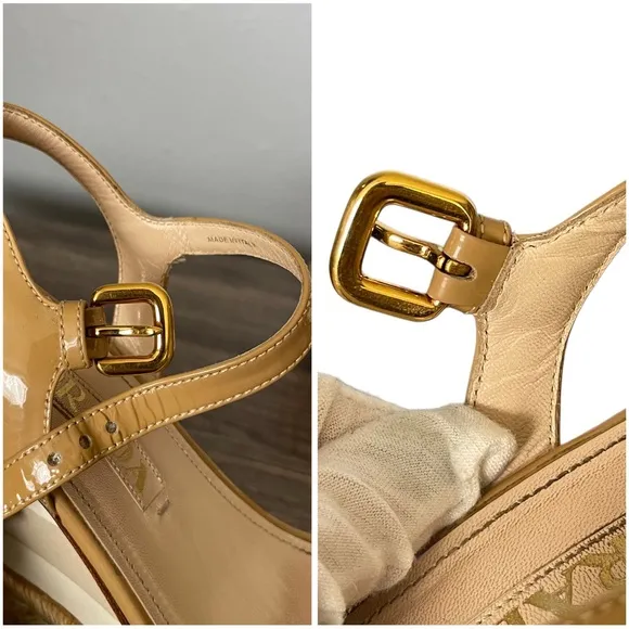 Authentic Prada Beige Patent Leather Wedge Platform Sandals Size 36.5 | US 6.5