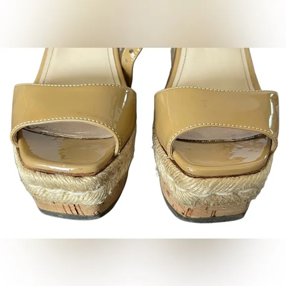 Authentic Prada Beige Patent Leather Wedge Platform Sandals Size 36.5 | US 6.5