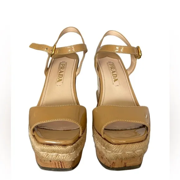 Authentic Prada Beige Patent Leather Wedge Platform Sandals Size 36.5 | US 6.5