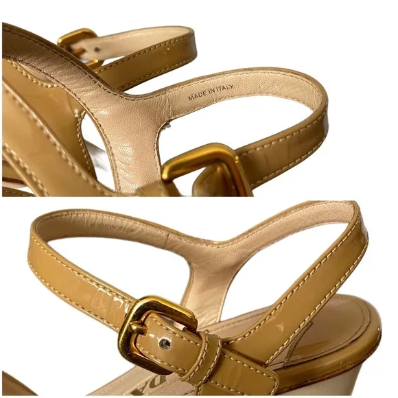 Authentic Prada Beige Patent Leather Wedge Platform Sandals Size 36.5 | US 6.5