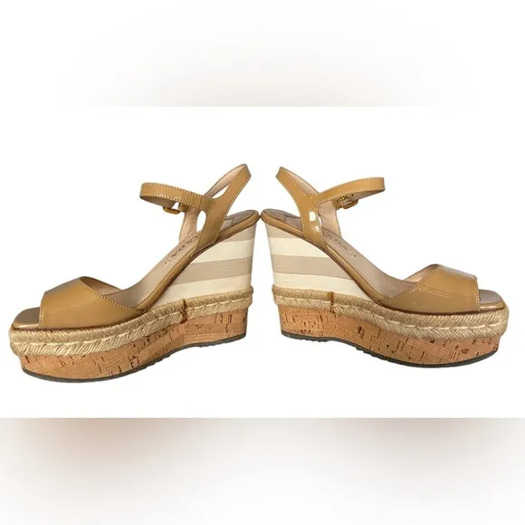 Authentic Prada Beige Patent Leather Wedge Platform Sandals Size 36.5 | US 6.5