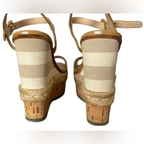 Authentic Prada Beige Patent Leather Wedge Platform Sandals Size 36.5 | US 6.5
