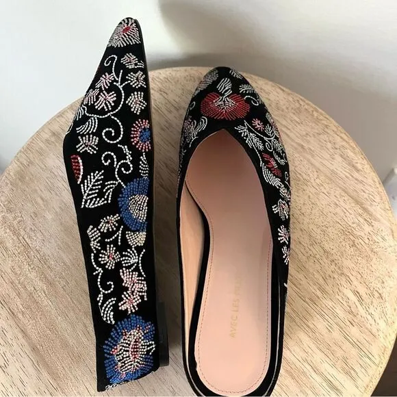 Avec Le Filles Bella Embroidered Low Wedge Mules Slip On NWOB