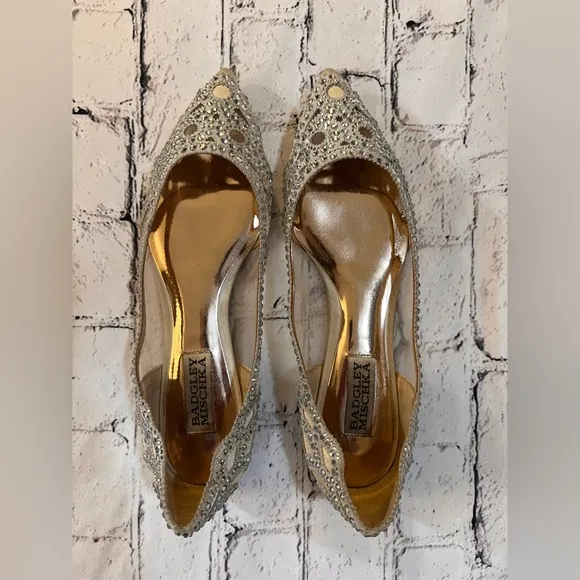 BADGLEY MISCHKA COLLECTION Gigi Crystal Pointed Toe Flat Heel in Ivory Satin