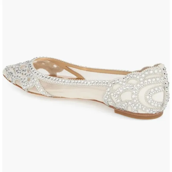 BADGLEY MISCHKA COLLECTION Gigi Crystal Pointed Toe Flat Heel in Ivory Satin