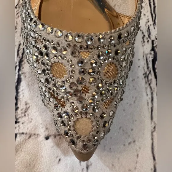 BADGLEY MISCHKA COLLECTION Gigi Crystal Pointed Toe Flat Heel in Ivory Satin