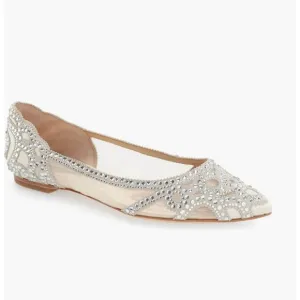 BADGLEY MISCHKA COLLECTION Gigi Crystal Pointed Toe Flat Heel in Ivory Satin