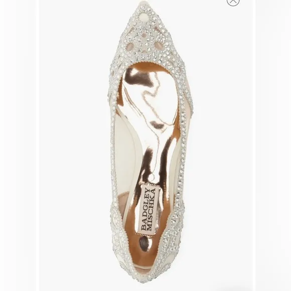BADGLEY MISCHKA COLLECTION Gigi Crystal Pointed Toe Flat Heel in Ivory Satin