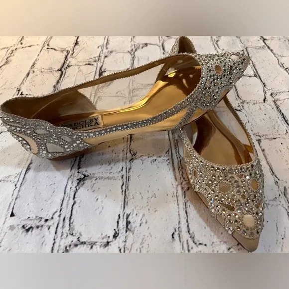 BADGLEY MISCHKA COLLECTION Gigi Crystal Pointed Toe Flat Heel in Ivory Satin