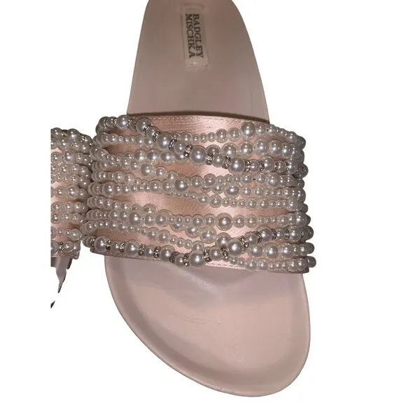 Badgley Mischka Florence Slides Pearl Sandal Flip Flop Nude Prom Bridal shoes co