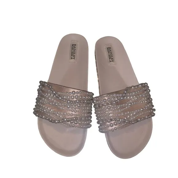 Badgley Mischka Florence Slides Pearl Sandal Flip Flop Nude Prom Bridal shoes co