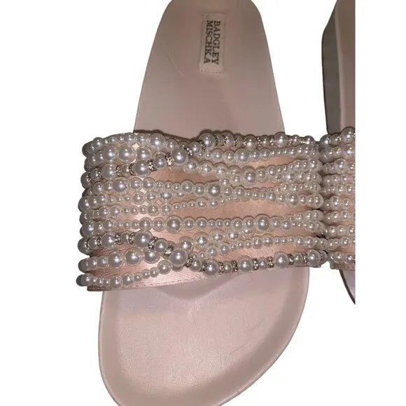 Badgley Mischka Florence Slides Pearl Sandal Flip Flop Nude Prom Bridal shoes co