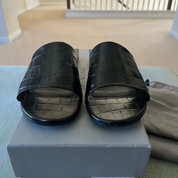 Balenciaga Black Slide Sandals.  Crocodile embossed leather. In GREAT CONDITION!