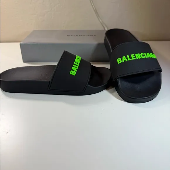 Balenciaga Black Slides with Green Logo