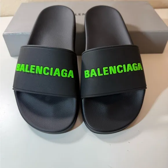 Balenciaga Black Slides with Green Logo