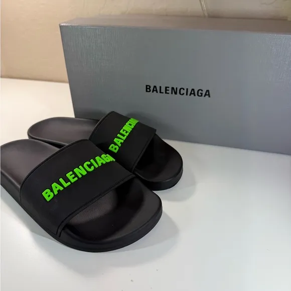 Balenciaga Black Slides with Green Logo