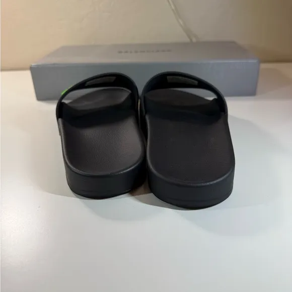 Balenciaga Black Slides with Green Logo