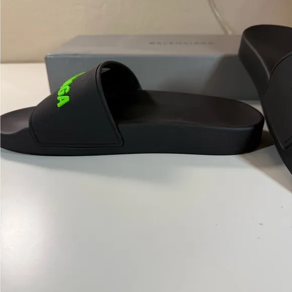 Balenciaga Black Slides with Green Logo