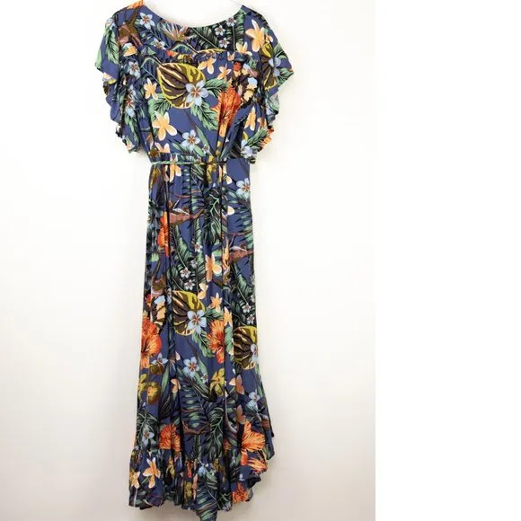 Bali Elf &quot;Carmen&quot; Dress Wrap Monkey Forest Maxi Tropical Floral Blue Size XL New