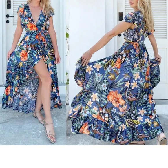 Bali Elf &quot;Carmen&quot; Dress Wrap Monkey Forest Maxi Tropical Floral Blue Size XL New