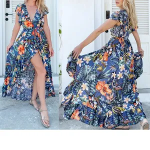 Bali Elf &quot;Carmen&quot; Dress Wrap Monkey Forest Maxi Tropical Floral Blue Size XL New