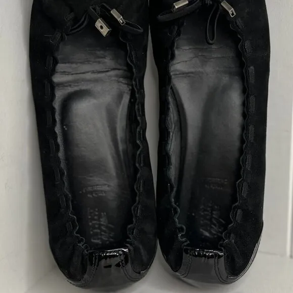 Bally - Black Suede Flats w/ Patent Leather Trim Sz 10