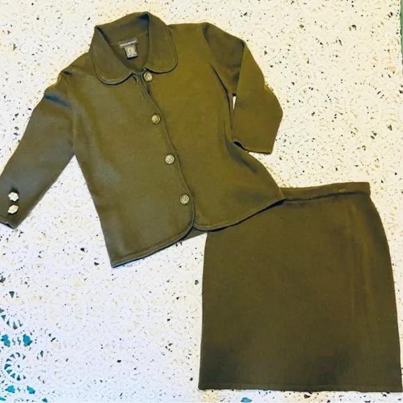 Banana Republic Black Label Cardigan &amp; Mini Skirt Sweater Set Wool Blend Olive