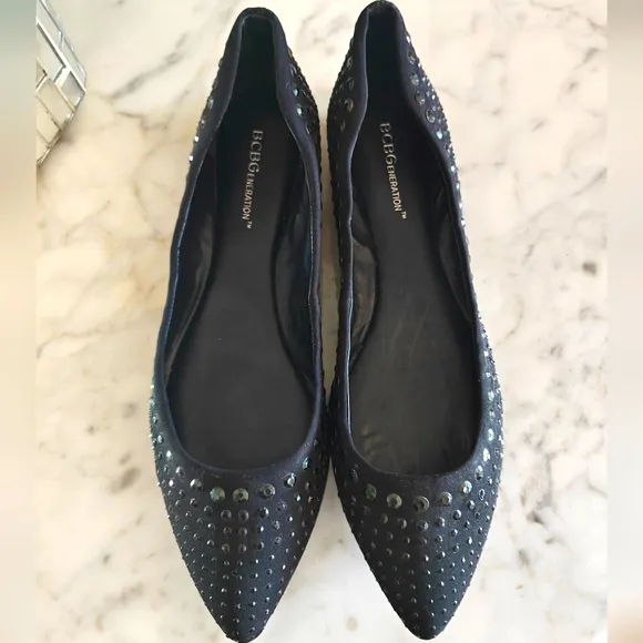 BCBGeneration Black on Black Sequin Studded Ballet Flats | Size 8M/38