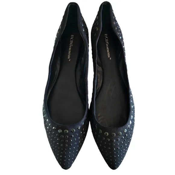 BCBGeneration Black on Black Sequin Studded Ballet Flats | Size 8M/38