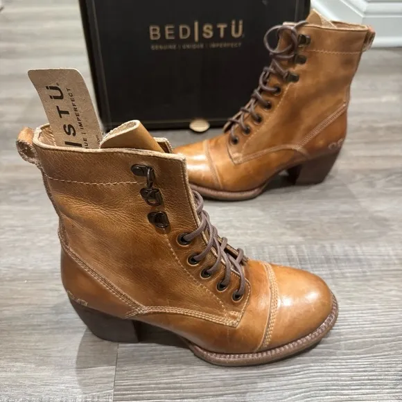 Bed Stu Judgement Tan Rustic Leather Lace Up Heeled Boots