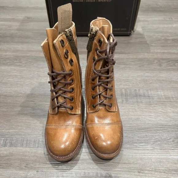 Bed Stu Judgement Tan Rustic Leather Lace Up Heeled Boots