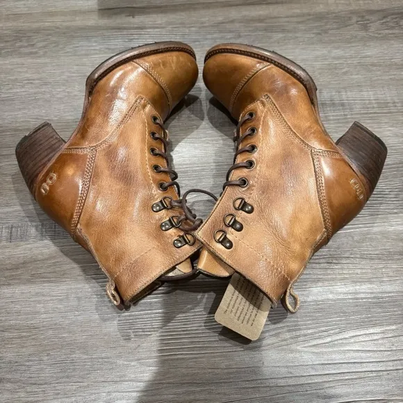 Bed Stu Judgement Tan Rustic Leather Lace Up Heeled Boots