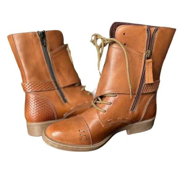 Bedstu Roan Deception Leather Wrap Over Tan Military Steampunk Boots -6.5 NWOT