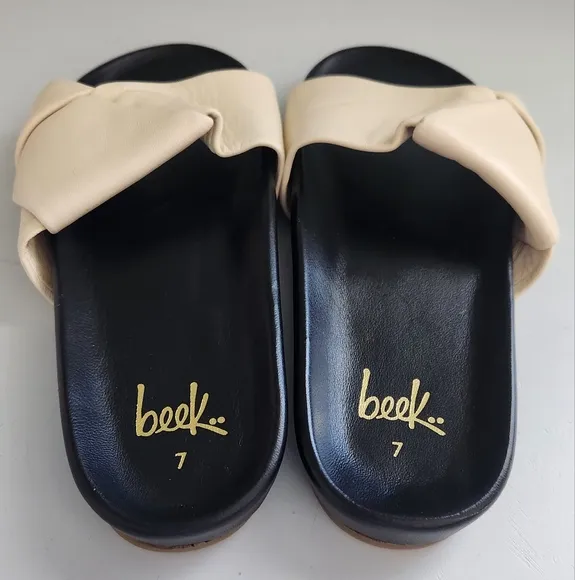 BEEK  Women's Leather Cream/Black Slide Sandals Size 7
