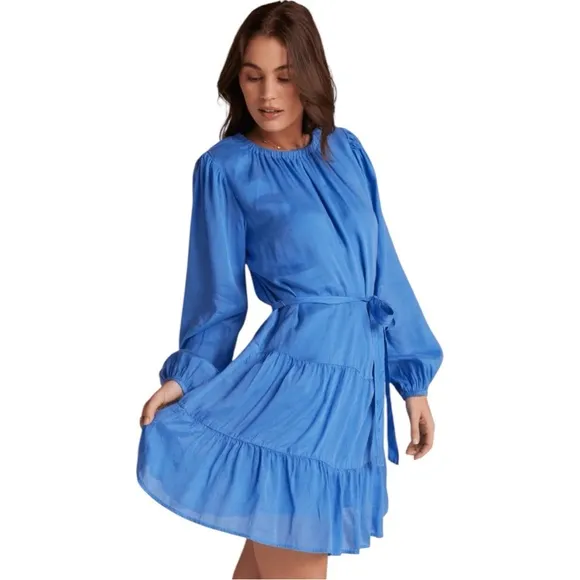 BELLA DAHL Tiered Mini Dress W/ Belt In Pacific Sea Size S