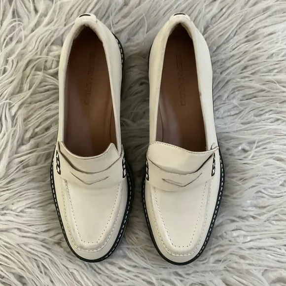 Bernardo Selma Ivory White Chunky Leather Lug Sole Heeled Platform Loafer EUC 7